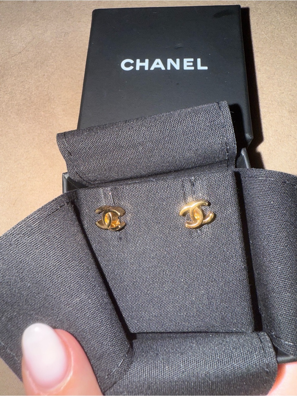 CHANEL Gold CC Logo Stud Earrings with Black Presentation Pouch